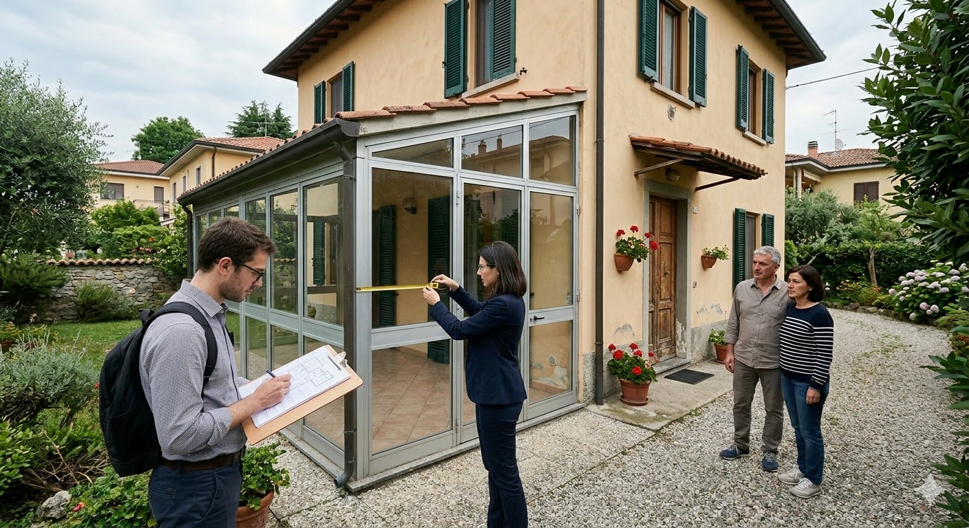architetti che misurano una veranda realizzata chiudendo un portico in una villetta per verificare un possibile abuso edilizio