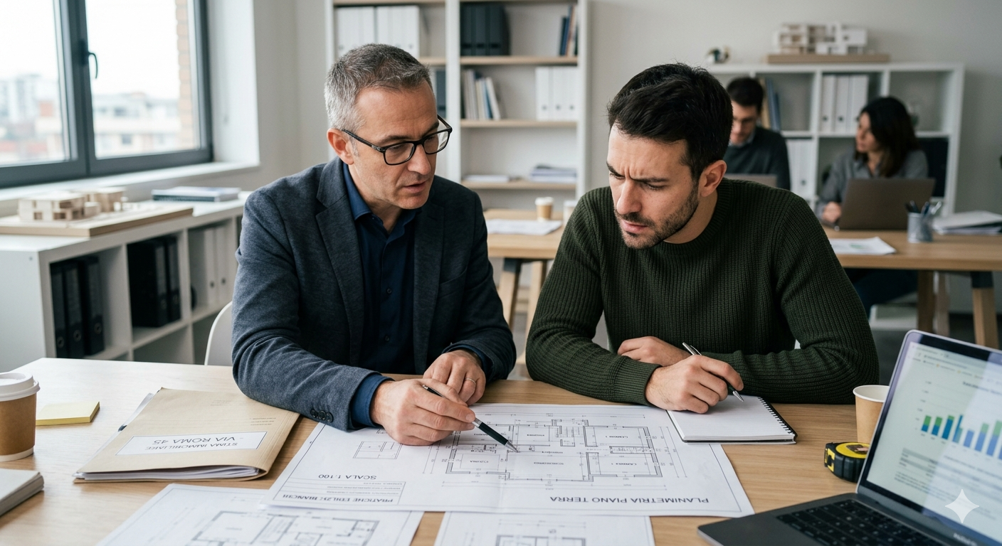 consulente tecnico e cliente analizzano planimetria e documenti per abuso edilizio dopo proposta