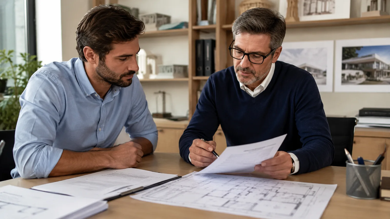 Acquirente casa che legge documenti urbanistici con tecnico in studio, abuso edilizio scoperto dopo rogito