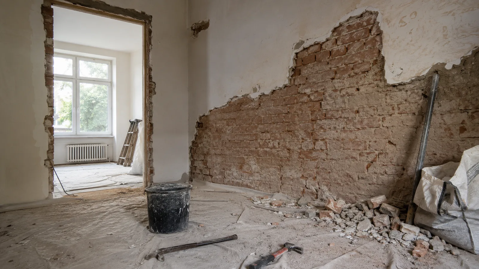 Facciata di un edificio residenziale con un'area in demolizione controllata sul lato, struttura in mattoni