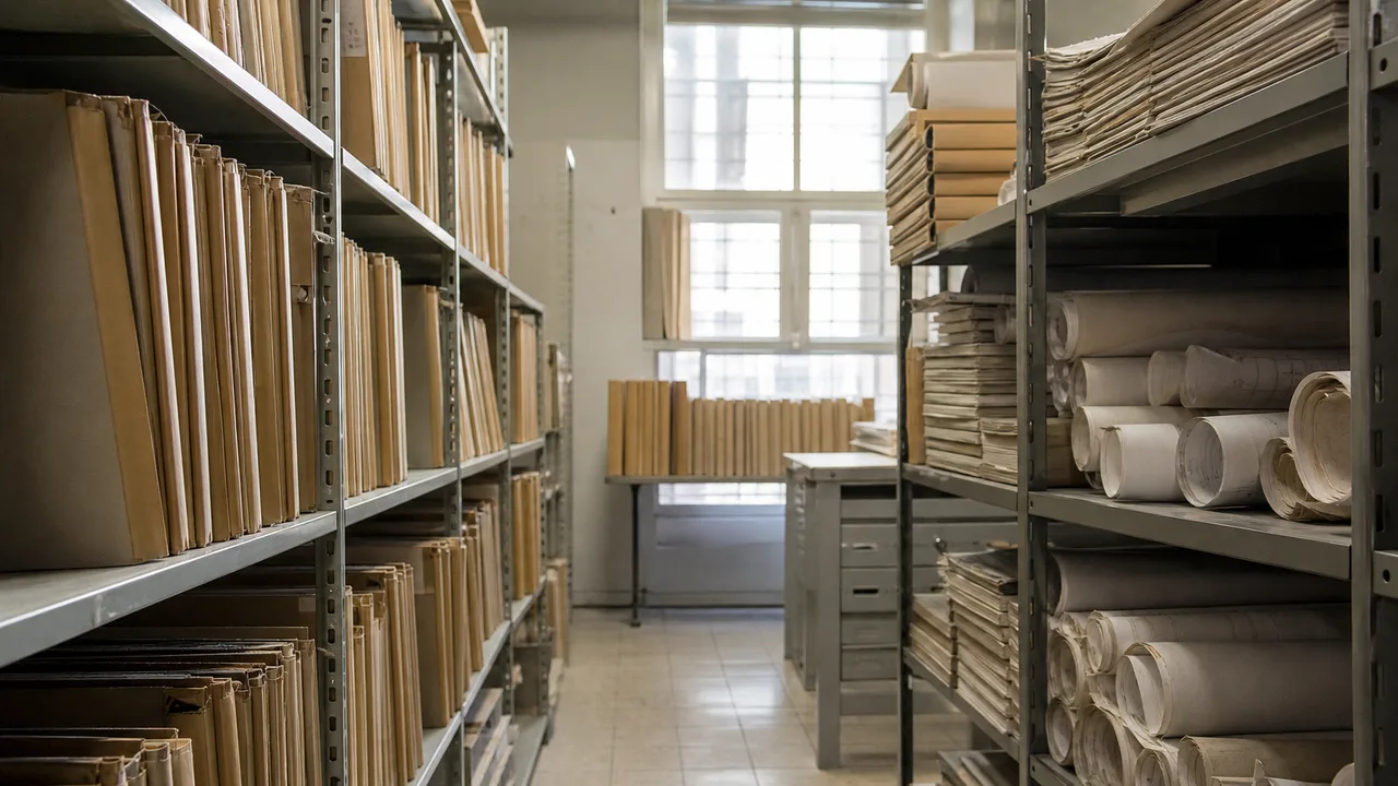 Archivio comunale con faldoni e disegni tecnici dei titoli edilizi — visura catastale basta per comprare casa