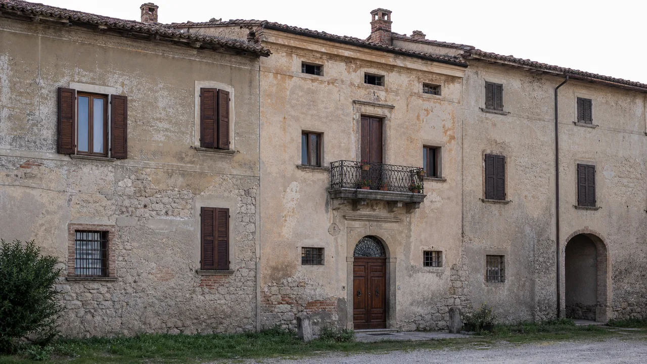 Facciata di un edificio storico ante 1967 con intonaco datato e persiane in legno