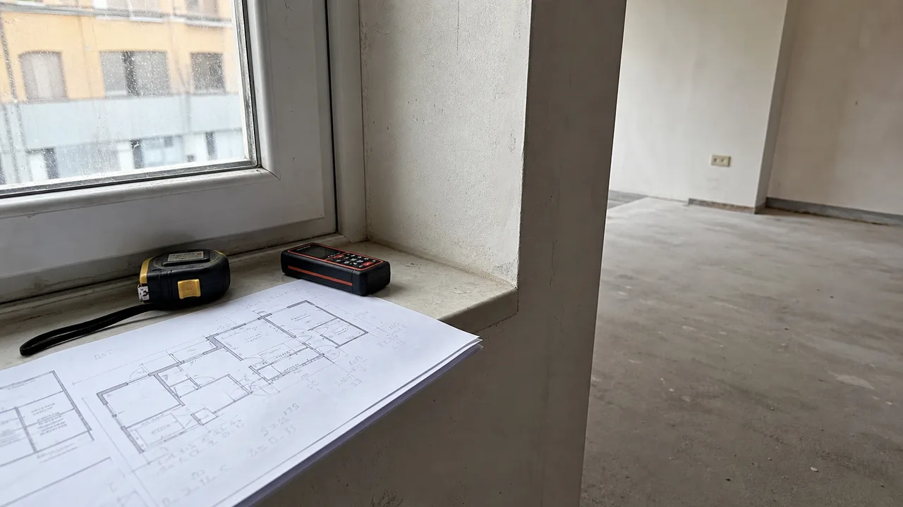 Rilievo tecnico in un appartamento: metro, planimetrie annotate e misurazioni per verificare difformità e tolleranze