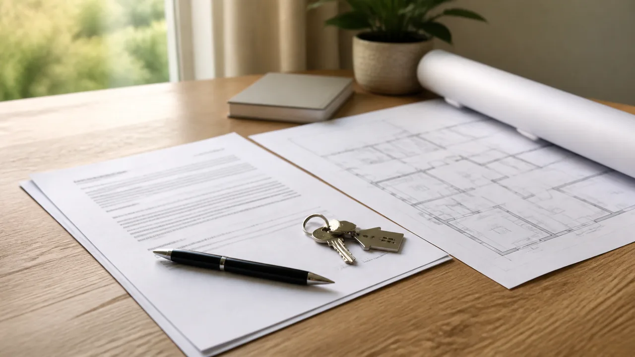 Contratto preliminare di compravendita accanto alla planimetria della casa, con chiavi e penna sul tavolo