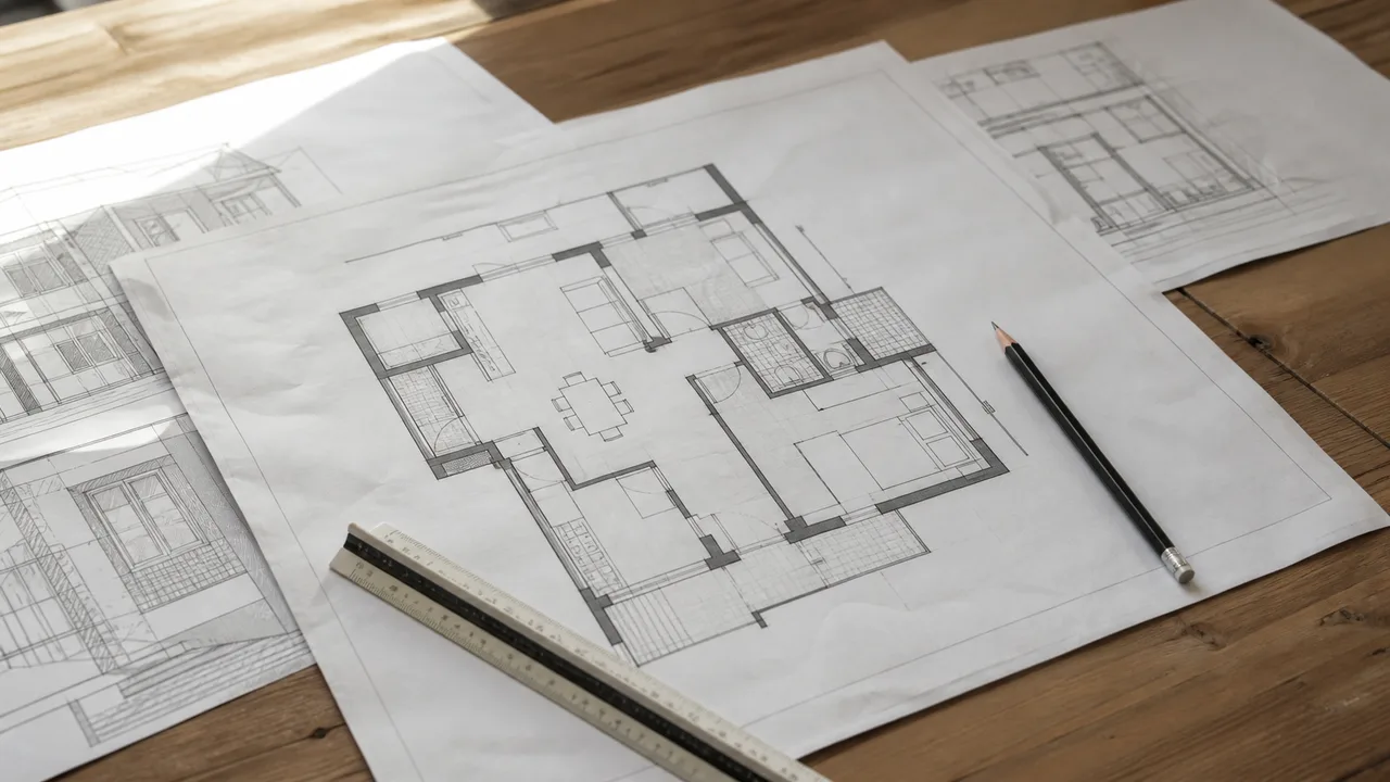 Planimetrie catastali e disegni tecnici di un immobile su un tavolo, per la verifica di