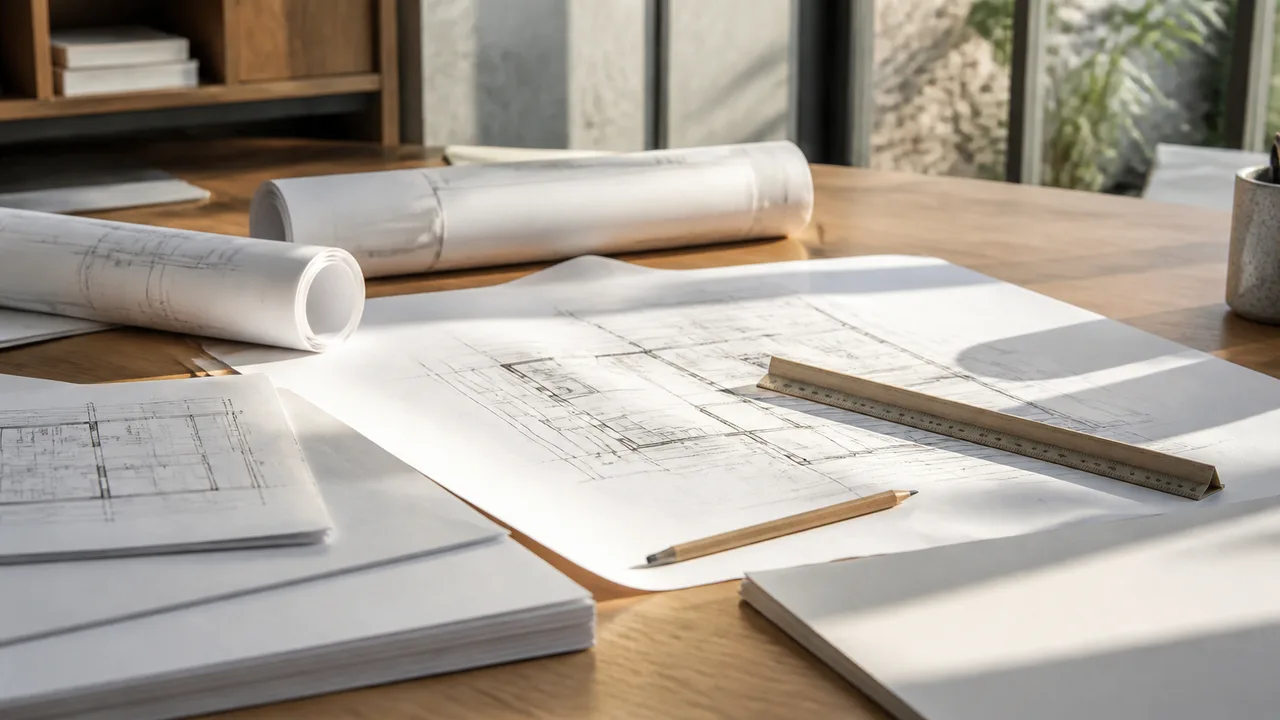 Planimetrie e disegni tecnici di un edificio su una scrivania, i documenti che compongono il