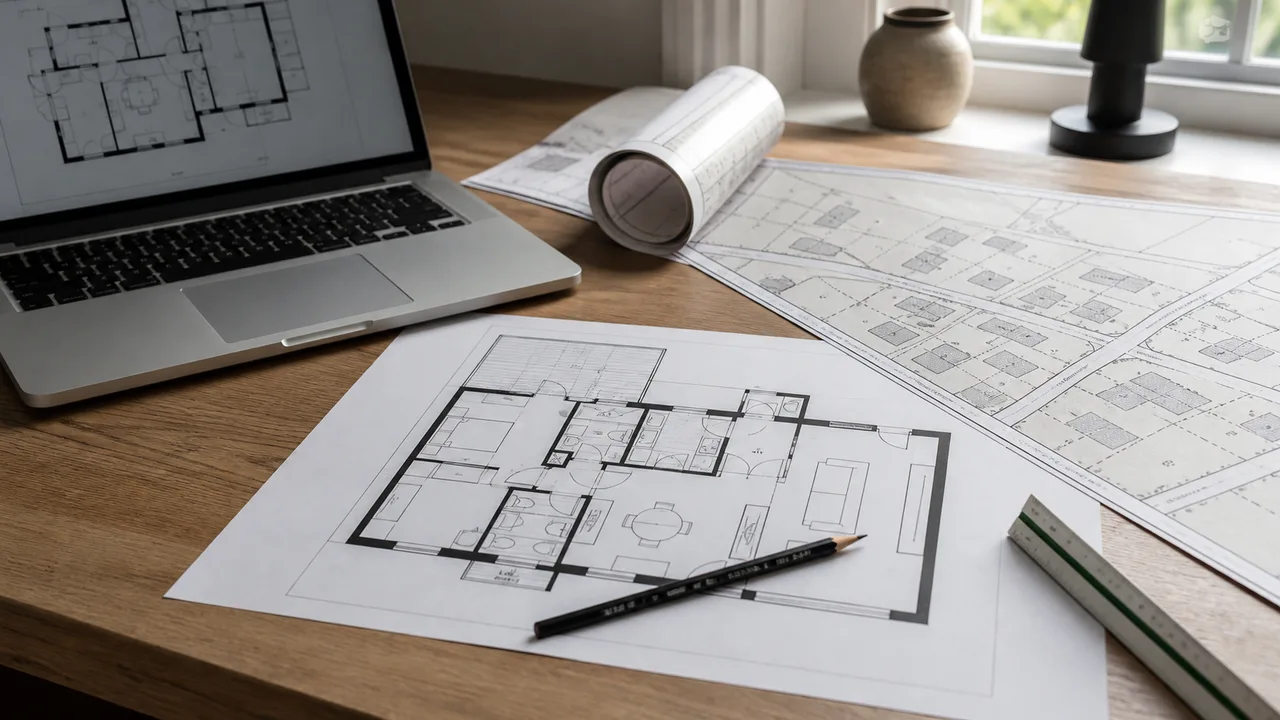 Scrivania con planimetrie e mappa catastale di un immobile, per l'allineamento della destinazione d'uso