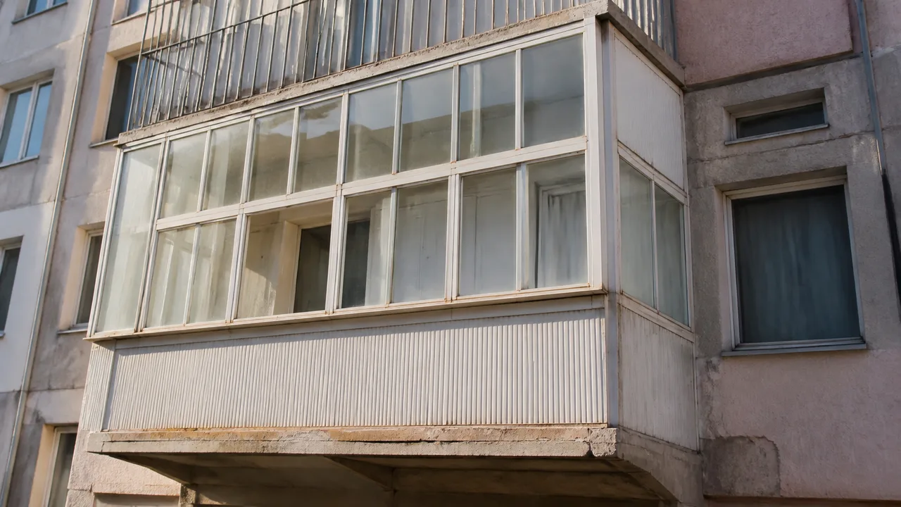 Veranda di un balcone chiusa in modo non conforme sulla facciata di una vecchia palazzina
